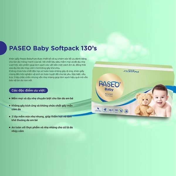  [Gói 130 Tờ] Khăn Giấy Rút Cho Bé PASEO Baby Mềm Mịn An Toàn Cho Da Nhạy Cảm (3 Lớp ) 