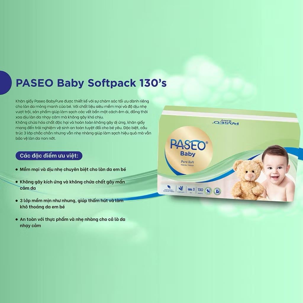 [Gói 130 Tờ] Khăn Giấy Rút Cho Bé PASEO Baby Mềm Mịn An Toàn Cho Da Nhạy Cảm (3 Lớp ) 