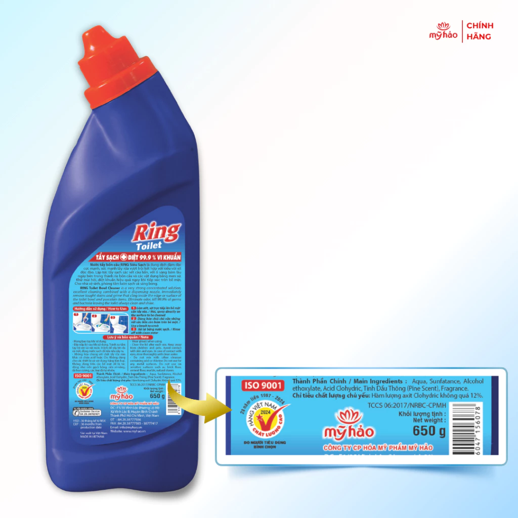  Nước Tẩy Rửa Bồn Cầu Và Nhà Vệ Sinh Ring Sạch Nhanh 99,9% Vết Bẩn Cứng Đầu Chai 650g 