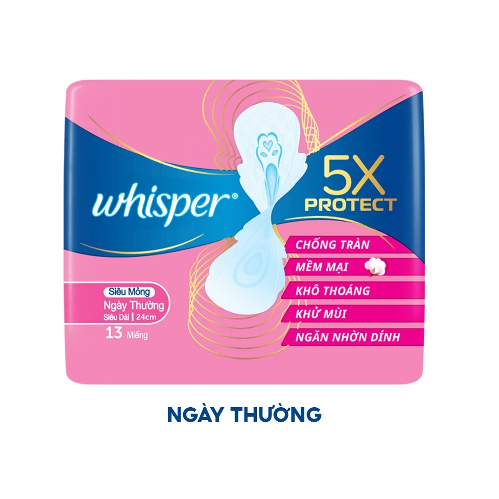  Băng Vệ Sinh WHISPER 5X Bảo Vệ Mặt Bông Siêu Mỏng Cho Ngày Thường Và Ngày Nhiều Khô Thoáng 