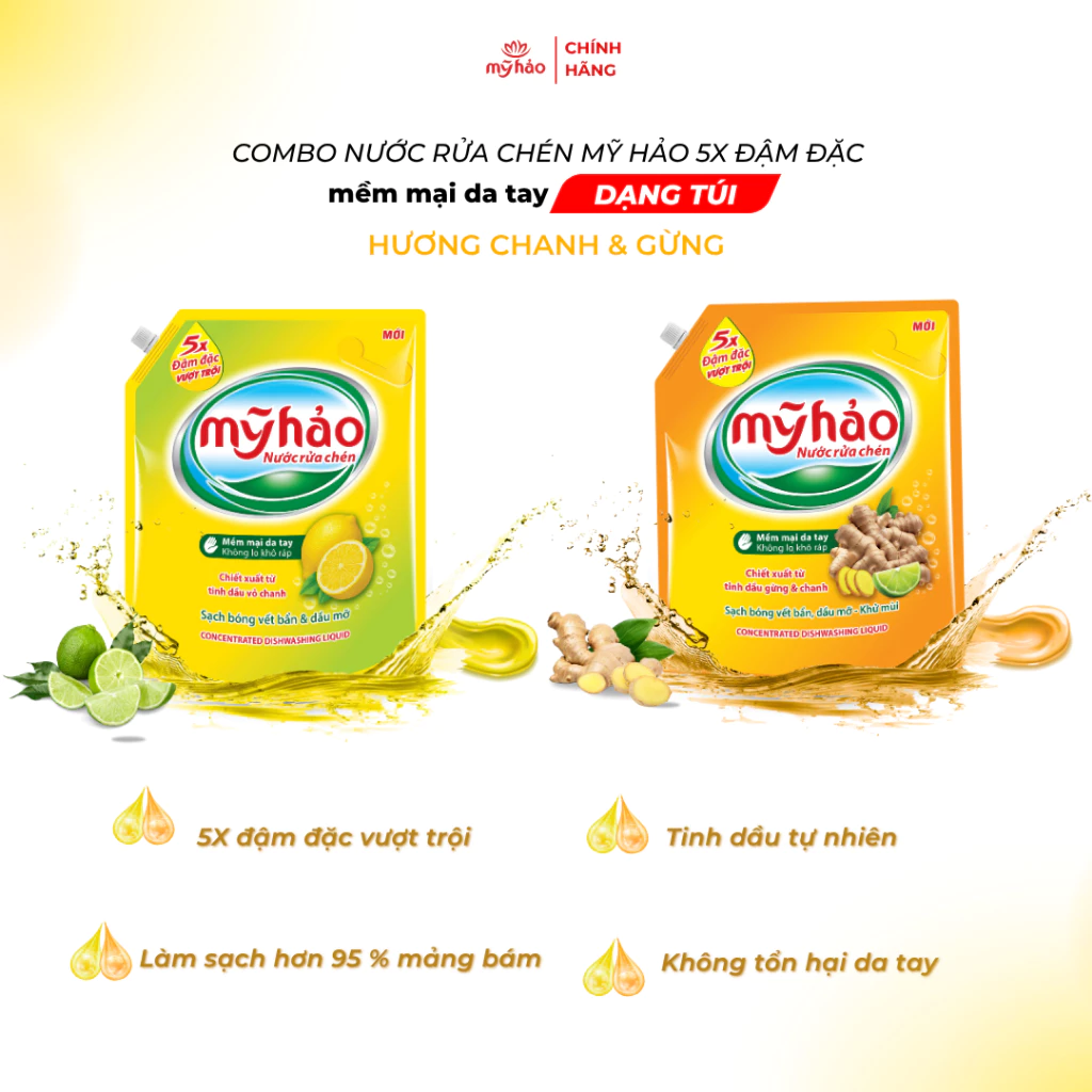  Nước Rửa Chén An Toàn Cho Da Và 5X Đậm Đặc Mỹ Hảo Khử Sạch Mùi Tanh Thực Phẩm Túi 3.3 KG 