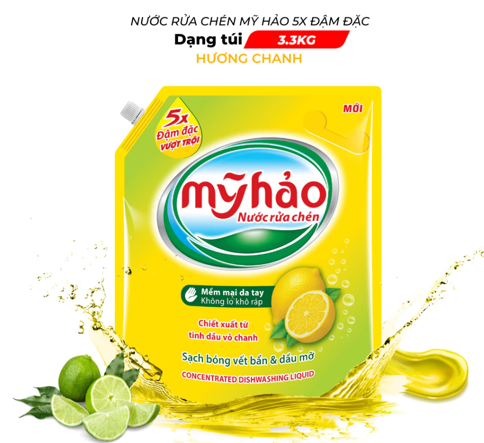  Nước Rửa Chén An Toàn Cho Da Và 5X Đậm Đặc Mỹ Hảo Khử Sạch Mùi Tanh Thực Phẩm Túi 3.3 KG 