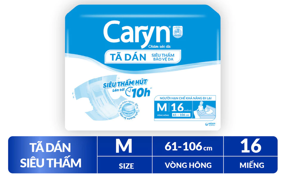  Tã/Bỉm dán người lớn siêu thấm Caryn dành cho người hạn chế khả năng đi lại Size M (10/20/40pcs) 