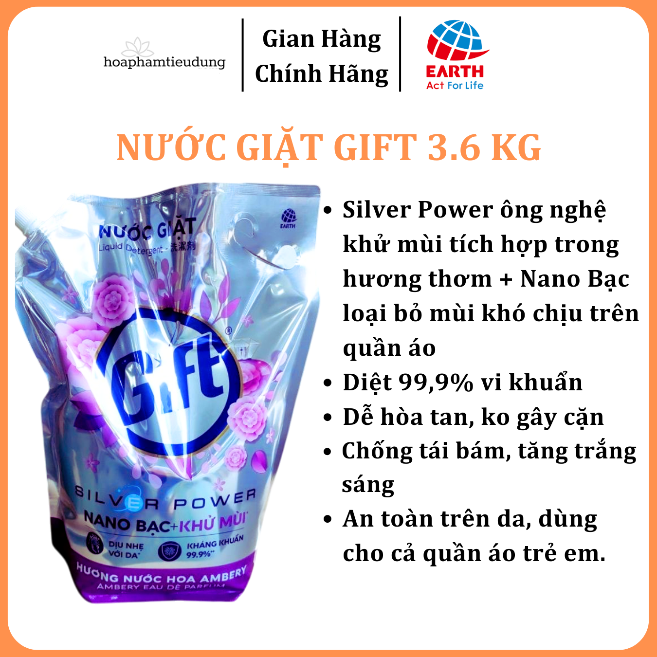  Nước giặt Gift 3.6kg Công nghệ Nano Bạc khử mùi hôi, ẩm mốc trên vải 