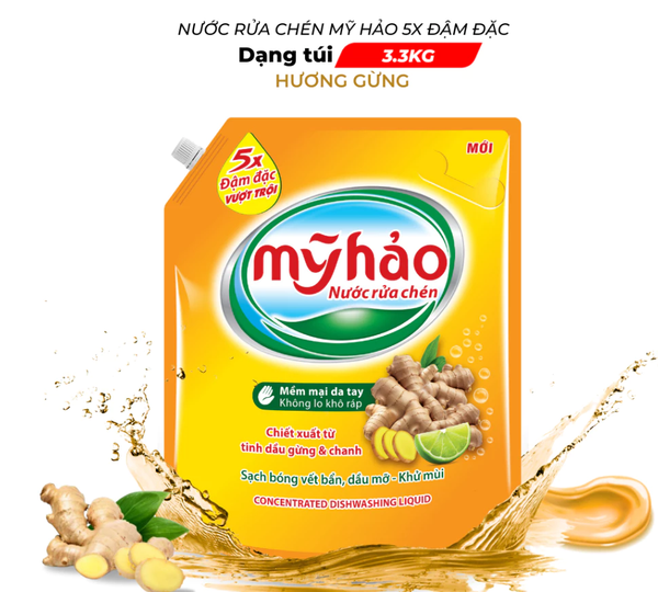  Nước Rửa Chén An Toàn Cho Da Và 5X Đậm Đặc Mỹ Hảo Khử Sạch Mùi Tanh Thực Phẩm Túi 3.3 KG 