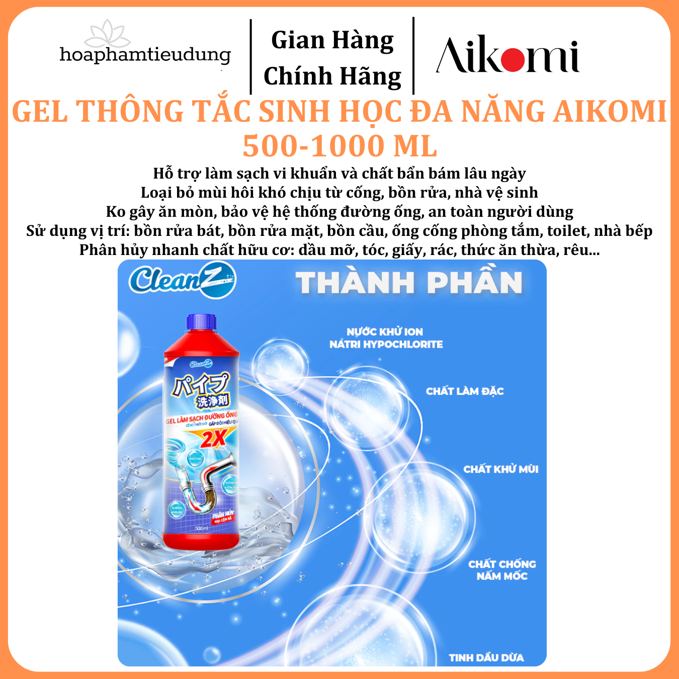  Gel sinh học CleanZ phòng tắc nghẽn, làm sạch đường ống rửa bát, rửa mặt, khử mùi hôi hiệu quả 
