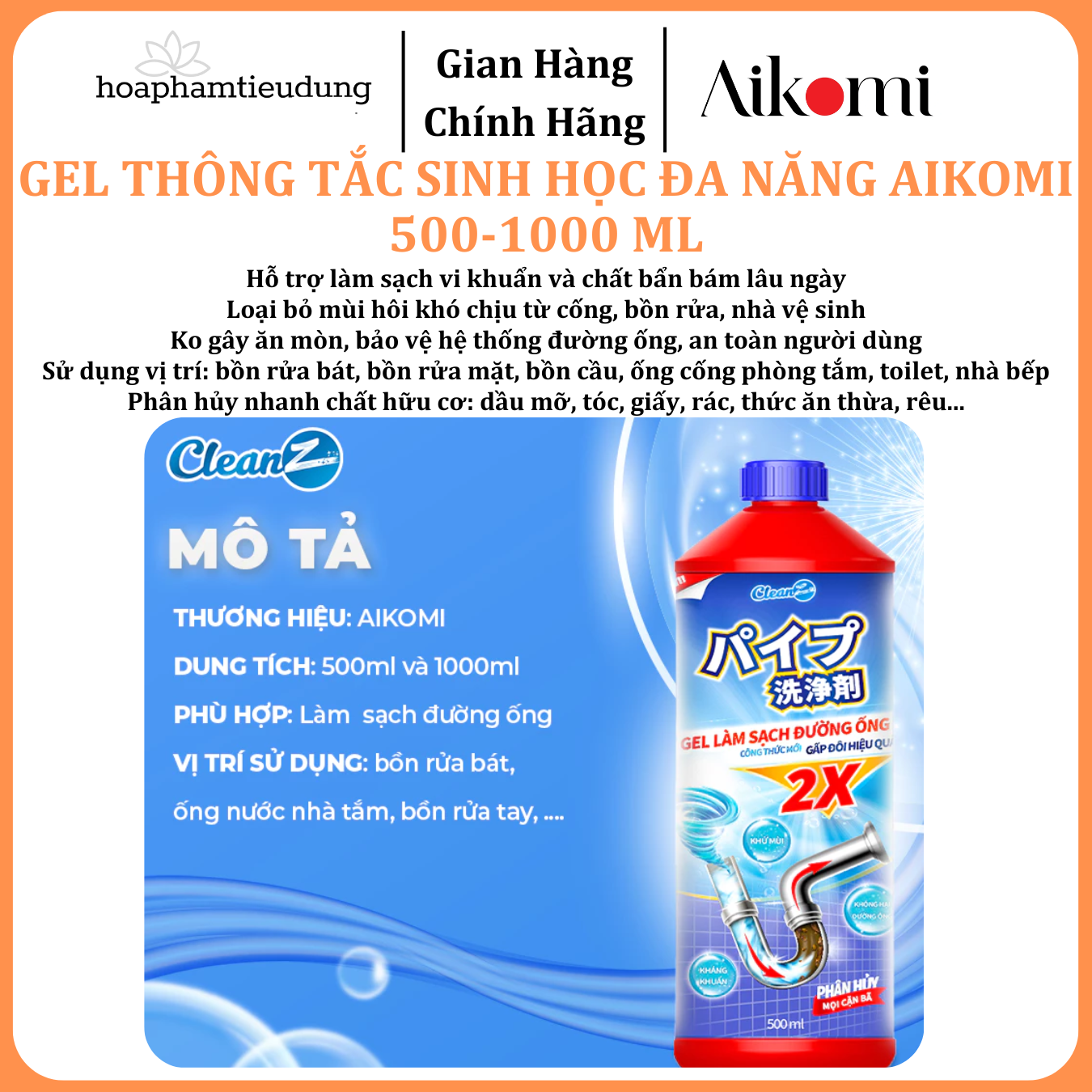  Gel sinh học CleanZ phòng tắc nghẽn, làm sạch đường ống rửa bát, rửa mặt, khử mùi hôi hiệu quả 