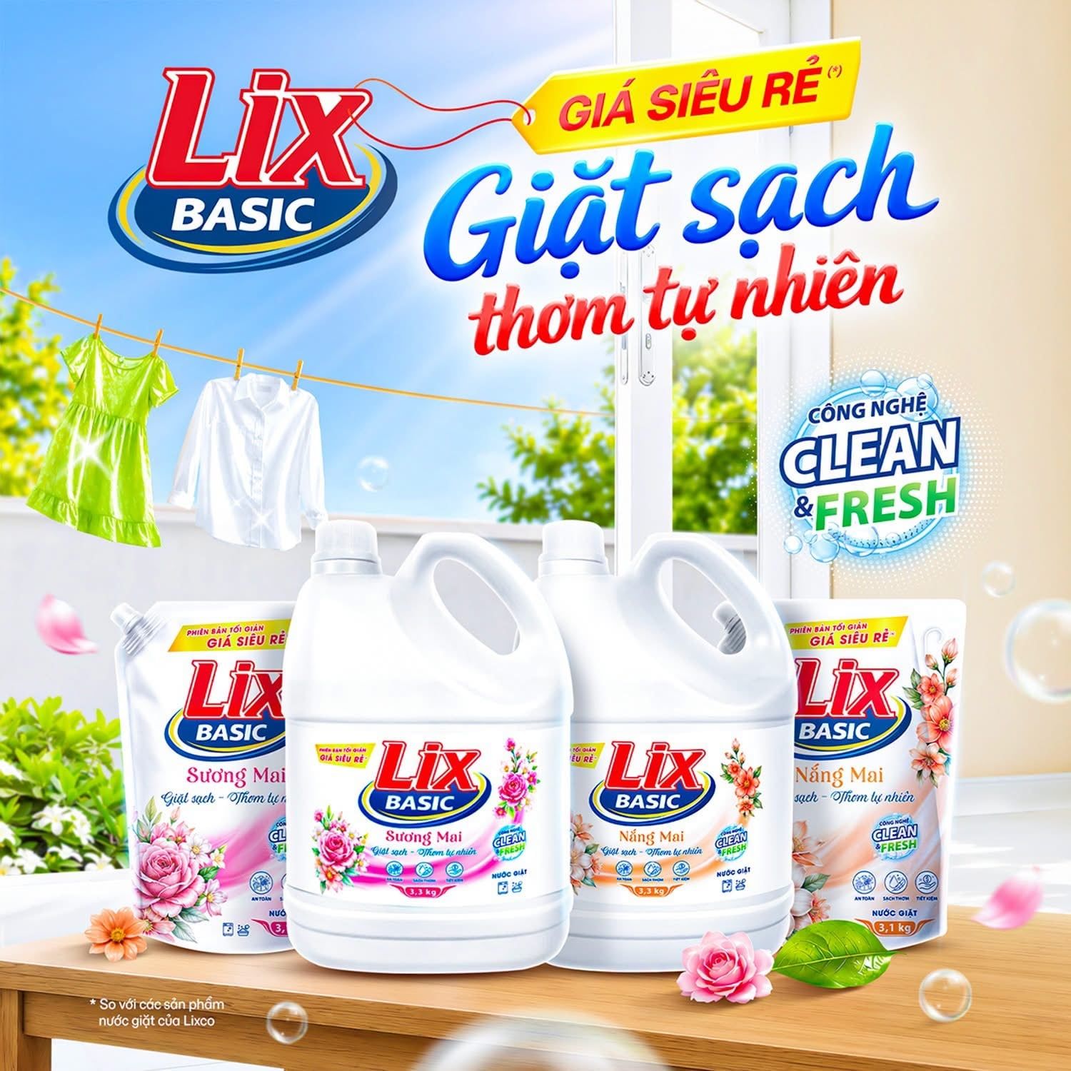  Nước giặt Lix Basic hương Nắng mai túi 3.1kg - can 3.3kg 