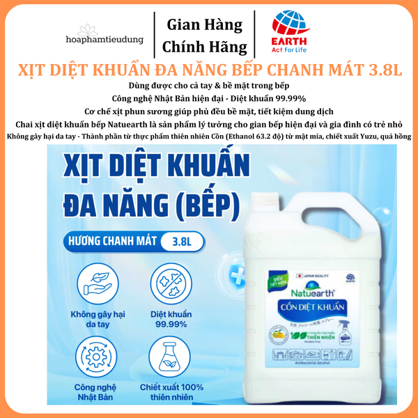  Cồn sát khuẩn tay đa năng Natuearth can 3.8L siêu tiết kiệm làm sạch nhanh, an toàn, giữ bếp sạch khuẩn mỗi ngày 