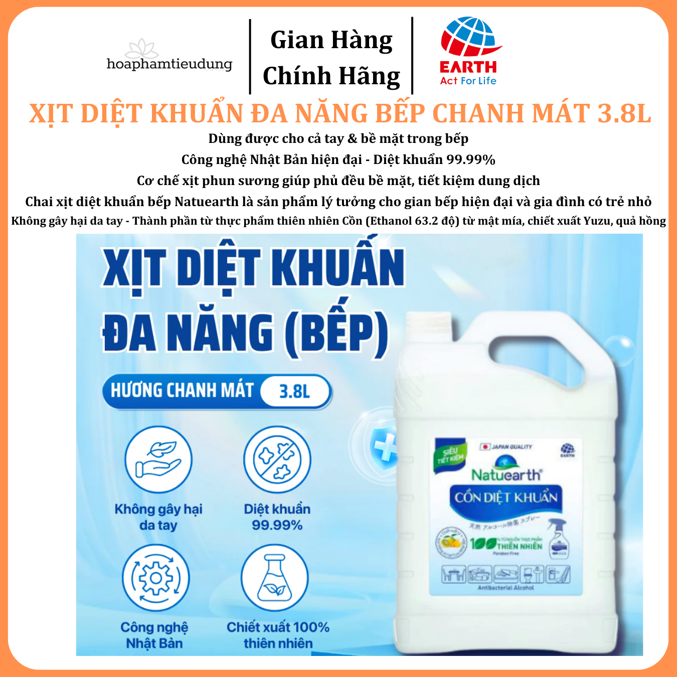  Cồn sát khuẩn tay đa năng Natuearth can 3.8L siêu tiết kiệm làm sạch nhanh, an toàn, giữ bếp sạch khuẩn mỗi ngày 