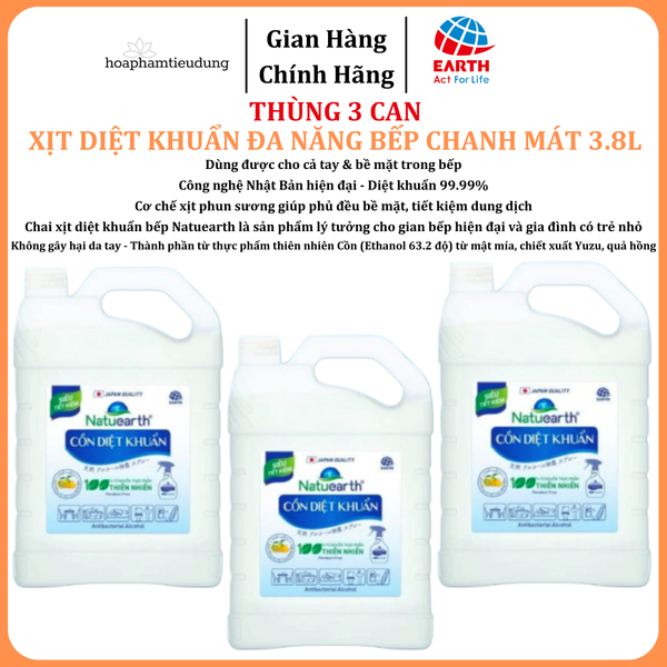  Cồn sát khuẩn tay đa năng Natuearth can 3.8L siêu tiết kiệm làm sạch nhanh, an toàn, giữ bếp sạch khuẩn mỗi ngày 
