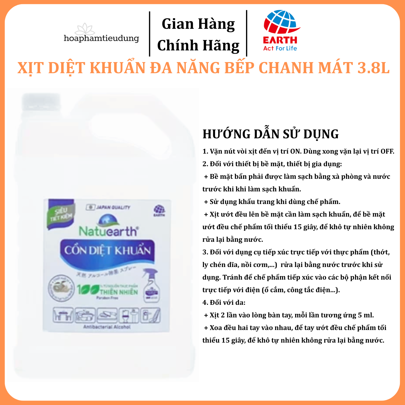 Cồn sát khuẩn tay đa năng Natuearth can 3.8L siêu tiết kiệm làm sạch nhanh, an toàn, giữ bếp sạch khuẩn mỗi ngày 