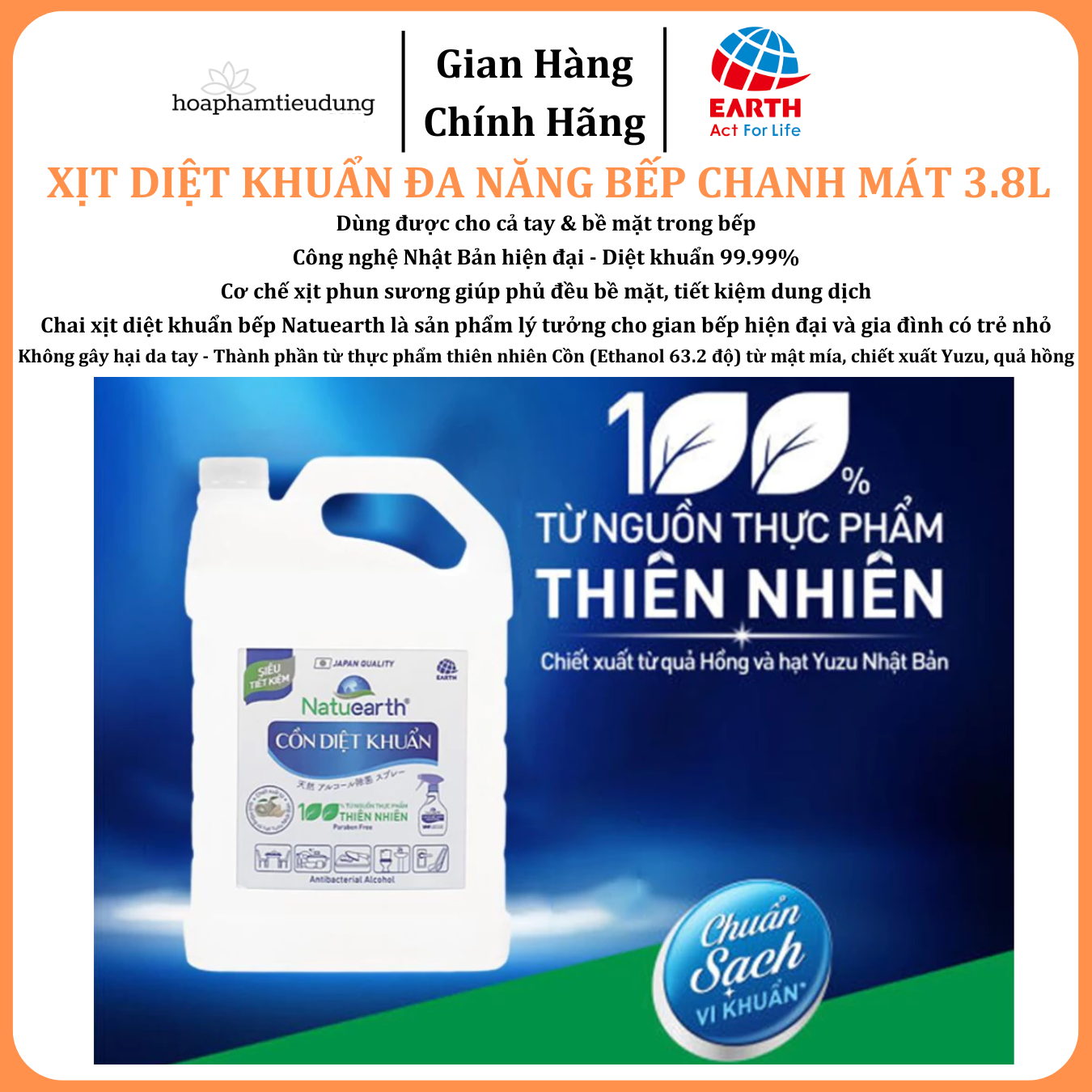  Cồn sát khuẩn tay đa năng Natuearth can 3.8L siêu tiết kiệm làm sạch nhanh, an toàn, giữ bếp sạch khuẩn mỗi ngày 