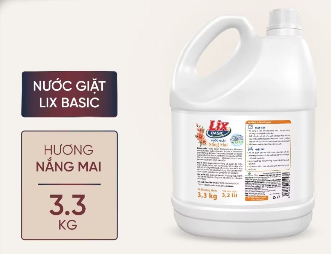  Nước giặt Lix Basic hương Nắng mai túi 3.1kg - can 3.3kg 