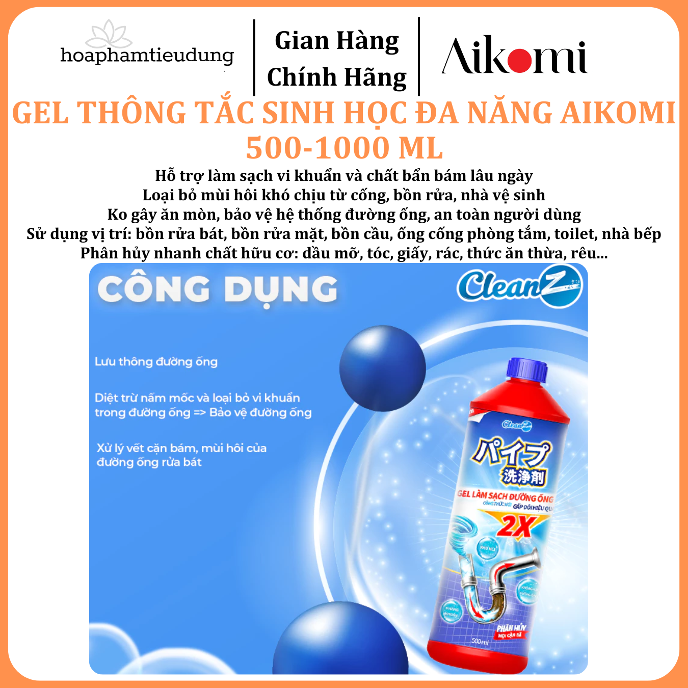  Gel sinh học CleanZ phòng tắc nghẽn, làm sạch đường ống rửa bát, rửa mặt, khử mùi hôi hiệu quả 