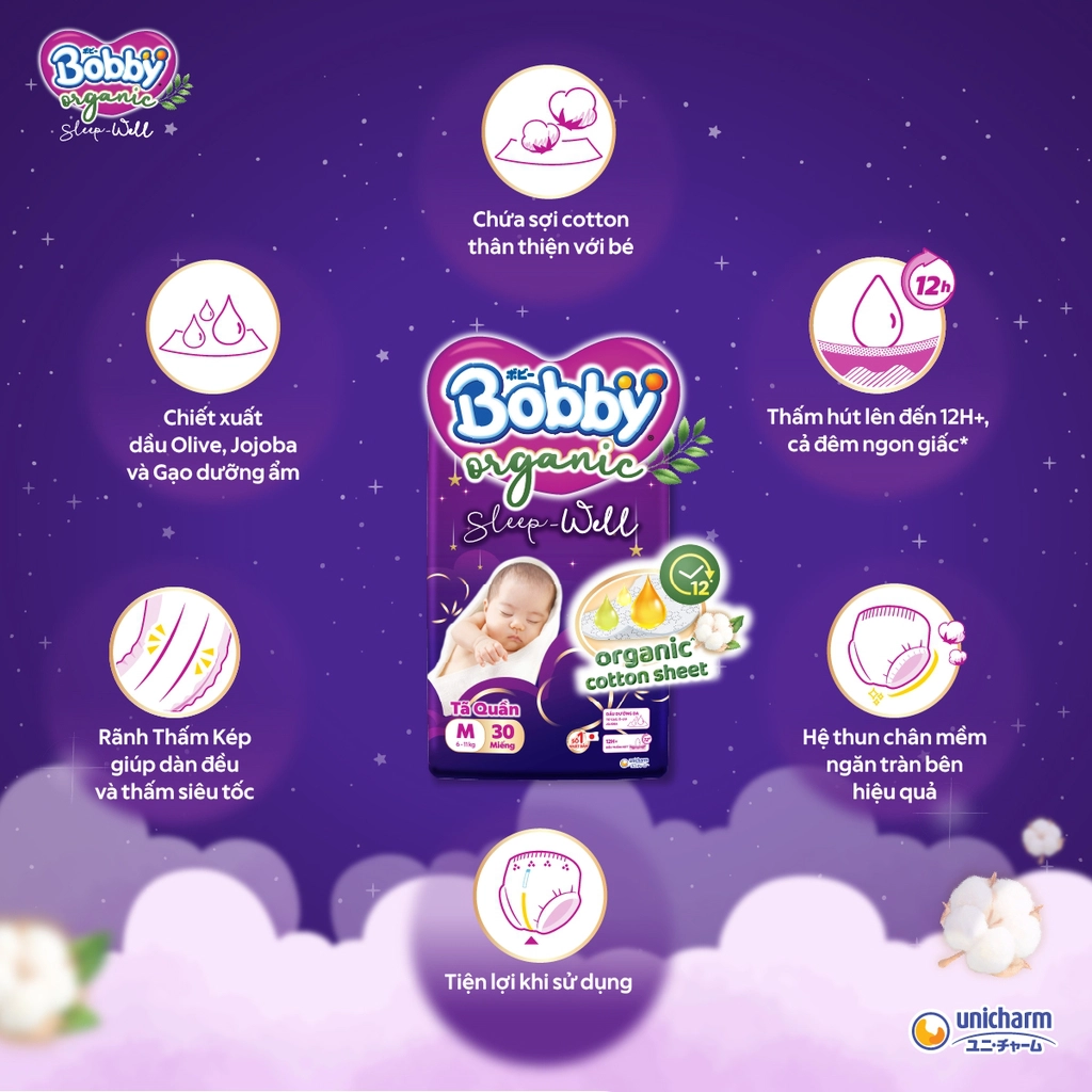  Tã quần Ban Đêm Cao Cấp Bobby Sleep-Well dịu nhẹ khô thoáng 