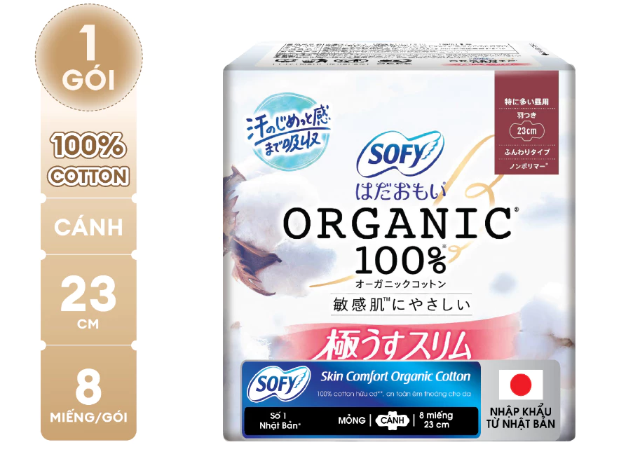  Băng vệ sinh siêu mỏng có cánh Sofy Organic 23cm 100% Cotton 8 miếng 