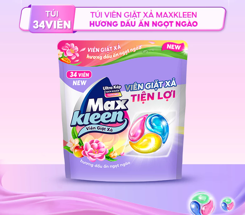  Túi Viên Giặt Xả MaxKleen Hương Dấu Ấn Ngọt Ngào 34 viên 