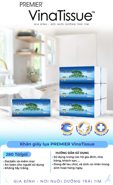  Khăn giấy lụa đa năng PREMIER VinaTissue, 2 lớp – 100% bột giấy nguyên sinh, không chất tẩy, 280 tờ/gói 