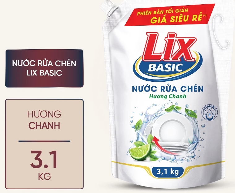  Nước rửa chén Lix Basic hương chanh 3.1kg 