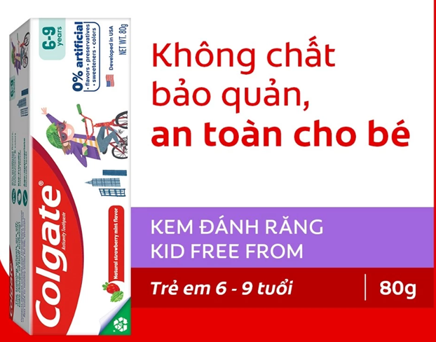  Kem đánh răng Colgate Kid Free From cho bé 6-9 tuổi không chất bảo quản 80g 