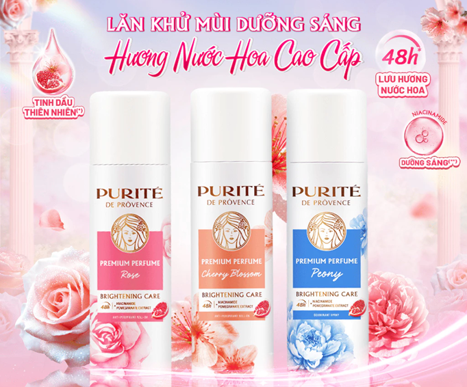  Xịt Khử Mùi Dưỡng Sáng PURITÉ Hương Nước Hoa Cao Cấp Hoa Anh Đào/Hoa Hồng/Hoa Mẫu Đơn 140ml 
