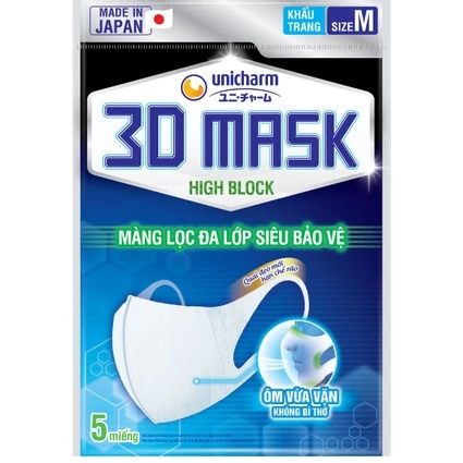  Khẩu trang Unicharm 3D Mask High Block siêu bảo vệ size M gói 5 miếng 