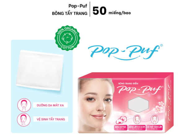  Bông Tẩy Trang Cotton POP-PUF Mềm Mịn, Có Thể Tách Lớp  50 Miếng/Hộp, 6*8cm/Miếng 