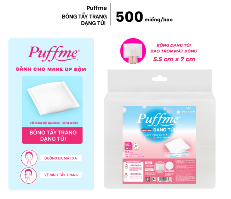  Bông Tẩy Trang Dạng Túi Xỏ Ngón PUFFME 5.5x7cm Bao 500 Miếng Mềm Mại Không Để Lại Xơ Bông 