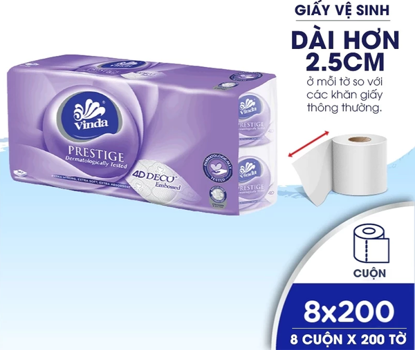  Giấy vệ sinh cao cấp Vinda Deluxe, Prestige 4D 3 lớp (Lốc 8 Cuộn) 