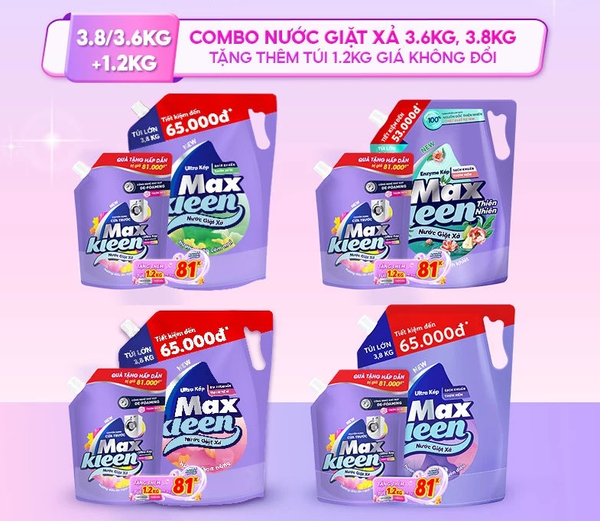  Túi Nước Giặt Xả MaxKleen 3.8kg/ 3.6kg + Túi Nước Giặt Xả 1.2kg Mùi ngẫu nhiên 