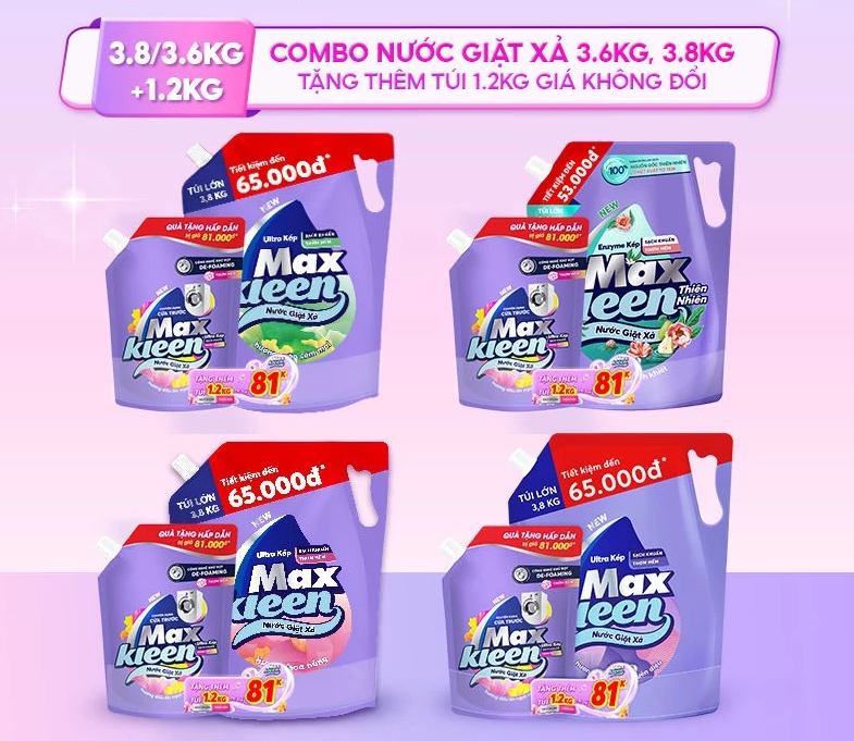  Túi Nước Giặt Xả MaxKleen 3.8kg/ 3.6kg + Túi Nước Giặt Xả 1.2kg Mùi ngẫu nhiên 