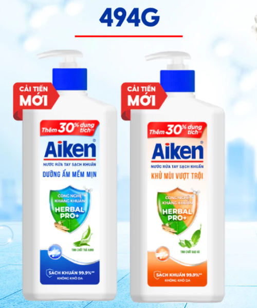  Nước rửa tay Aiken Sạch khuẩn Dưỡng ẩm, Khử mùi 494g 