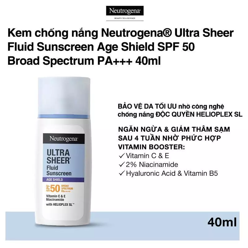 Kem chống nắng Neutrogena® Ultra Sheer Fluid Sunscreen Age Shield SPF 50 Broad Spectrum PA+++ 40ml 