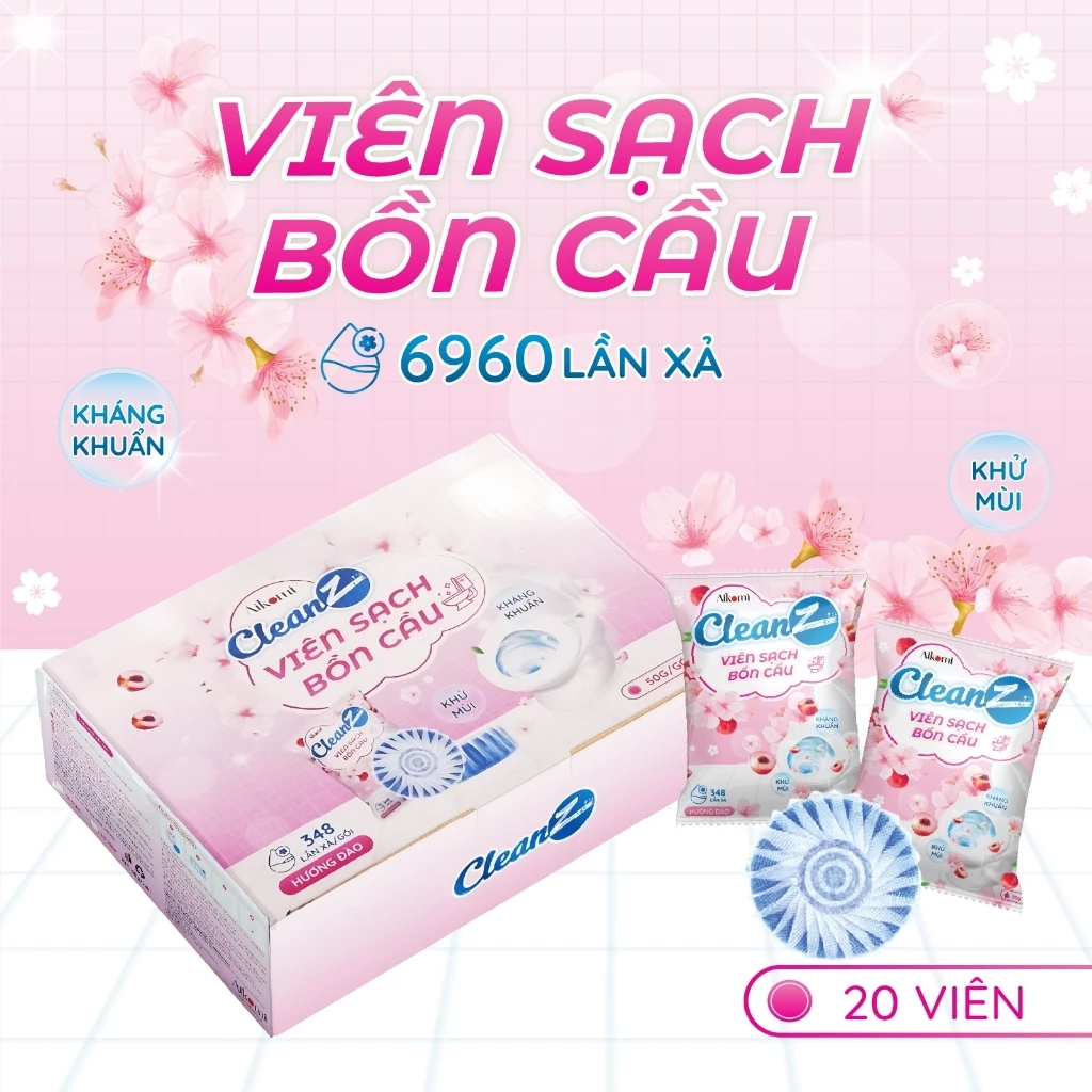  Hộp 20 Viên sạch bồn cầu CleanZ  diệt khuẩn thơm mát tẩy sạch mảng bám khử mùi toilet thơm lâu nhà vệ sinh mùi hương đào 50g 