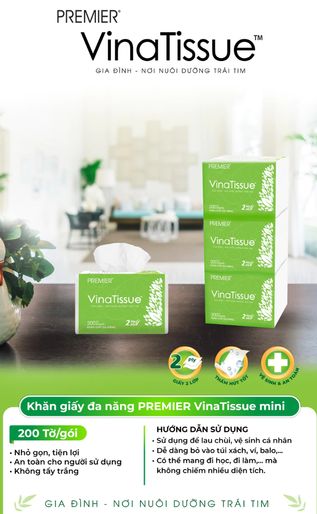  Khăn giấy rút đa năng PREMIER VinaTissue, 2 lớp - 100% bột giấy nguyên sinh, không chất tẩy, 200 tờ/gói 