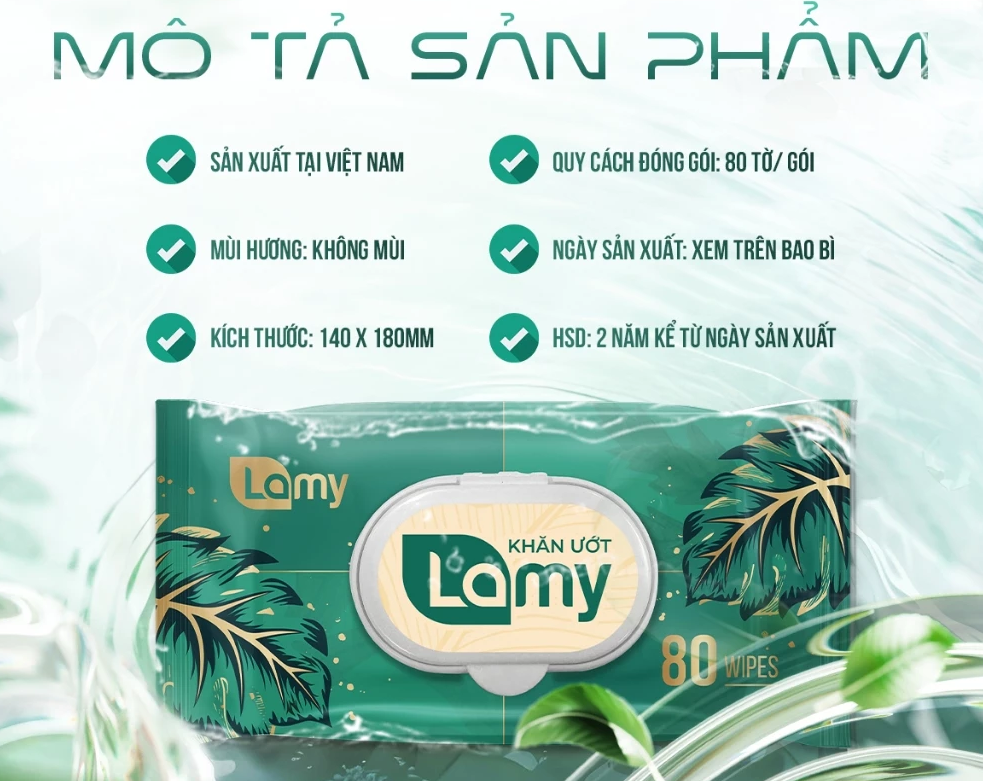  Khăn ướt Lamy gói 80 tờ không mùi không cồn không parabens cao cấp an toàn dành cho bé 