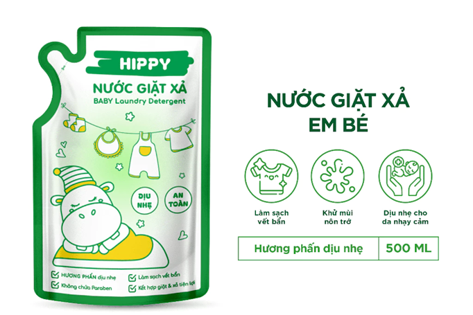  Túi Nước Giặt Xả HIPPY 2in1 Cho Bé Hương Phấn Dịu Nhẹ 500ml sạch vết bẩn, an toàn cho da nhạy cảm 