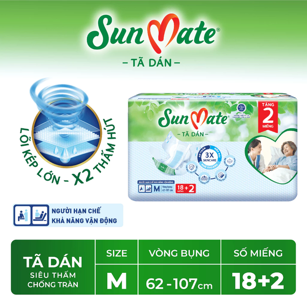  Tã dán người lớn SunMate M18/L18/XL18 + 2 miếng 