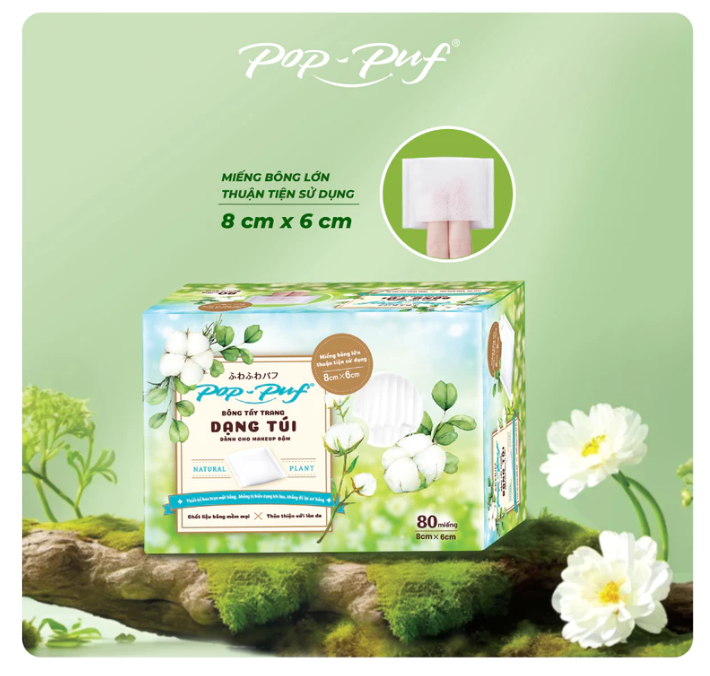  Bông Tẩy Trang Dạng Túi Xỏ Ngón POP-PUF 6x8cm Không Để Lại Xơ Bông, Mềm Mịn 80 Miếng/Hộp 