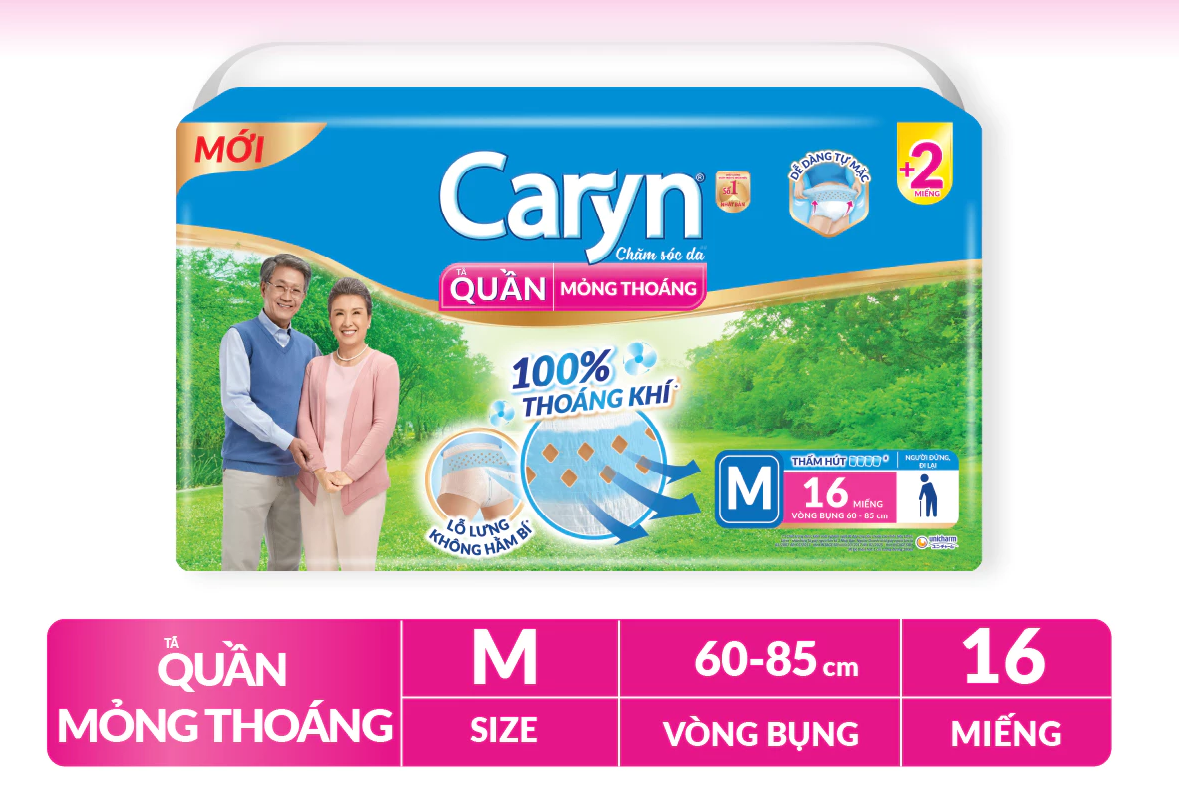  Tã Quần Người Lớn Caryn Mỏng Nhẹ/Mỏng Thoáng Chống Tràn, Cho Người Già Tự Đi Lại Size M16/M32 