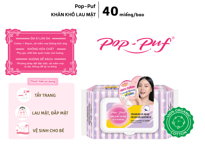  Khăn Mặt Tiện Lợi POP-PUF 100% Cotton Mềm Mại, An Toàn Cho Da 40 Tờ/Bao 
