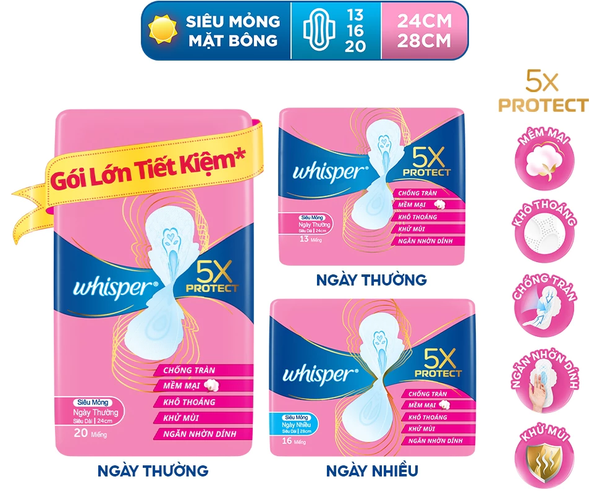  Băng Vệ Sinh WHISPER 5X Bảo Vệ Mặt Bông Siêu Mỏng Cho Ngày Thường Và Ngày Nhiều Khô Thoáng 