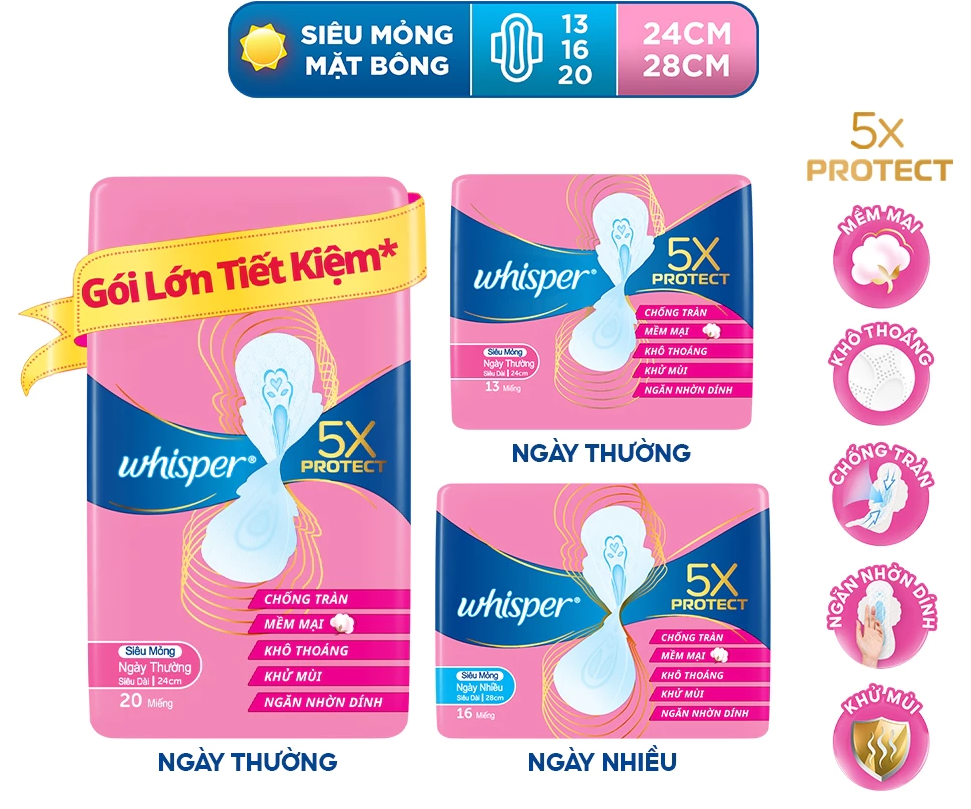  Băng Vệ Sinh WHISPER 5X Bảo Vệ Mặt Bông Siêu Mỏng Cho Ngày Thường Và Ngày Nhiều Khô Thoáng 