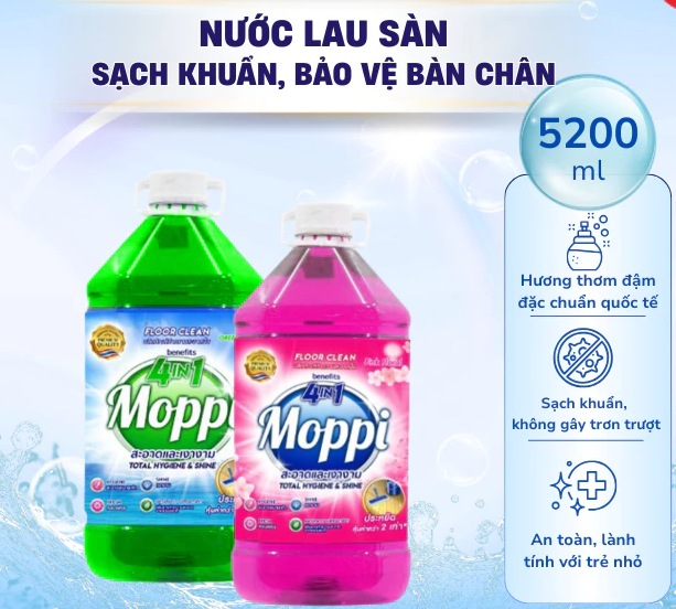  Nước Lau Sàn Moppi Benefits 4 IN 1 Sạch Khuẩn, Sáng Bóng, Thơm Lâu Gấp 6 Lần, Chiết Xuất Thiên Nhiên 5200ml 