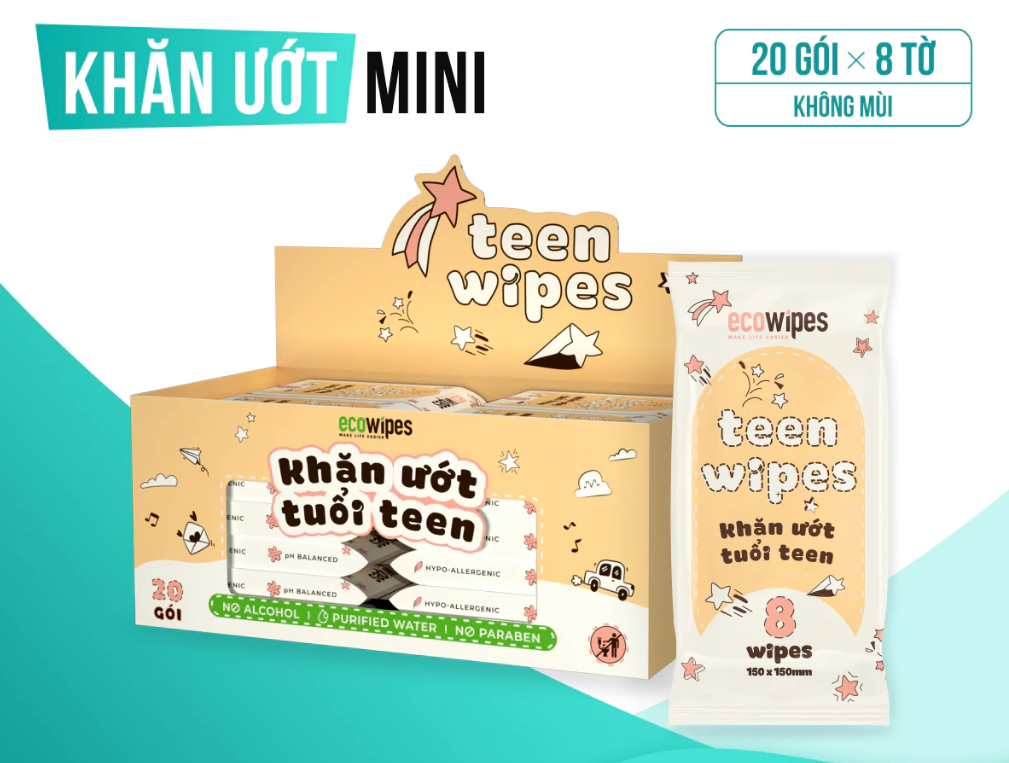  Hộp 20 gói khăn ướt mini size Teen EcoWipes gói 8 tờ không mùi 
