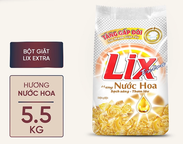  Bột giặt Lix Extra hương nước hoa tăng gấp đôi sức mạnh giặt tẩy quần áo sạch thơm lâu cho giặt tay, máy  5.5-7kg 