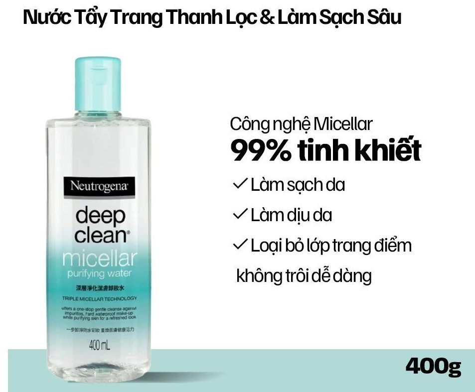  Nước tẩy trang Không Cồn thanh lọc và làm sạch sâu Neutrogena Deep Clean Micellar Purifying (400ml) 