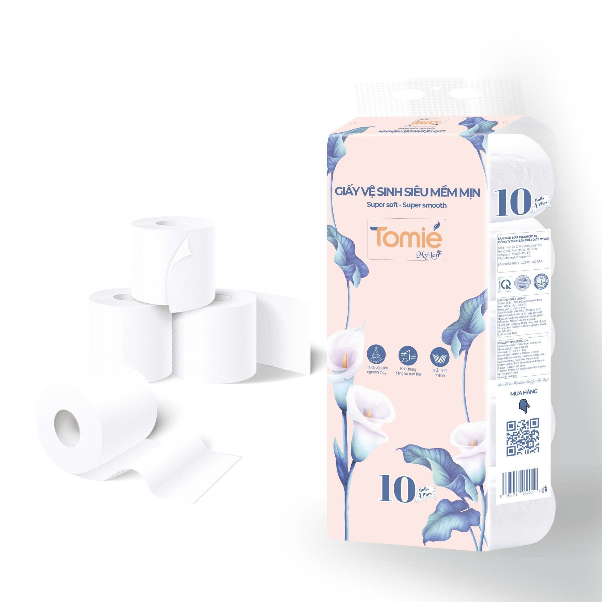  Giấy vệ sinh siêu mềm mịn TOMIE 4 lớp có lõi 1.4 (10 cuộn/lốc) 
