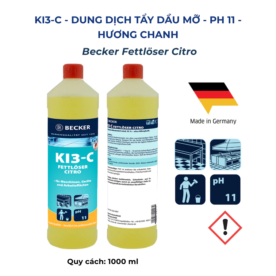  Nước tẩy dầu mỡ hương chanh Becker KI3-C - pH 11 (Nhập khẩu Đức) 